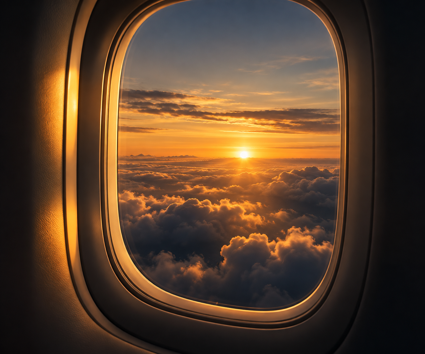 Aerial sunset view through an aircraft window