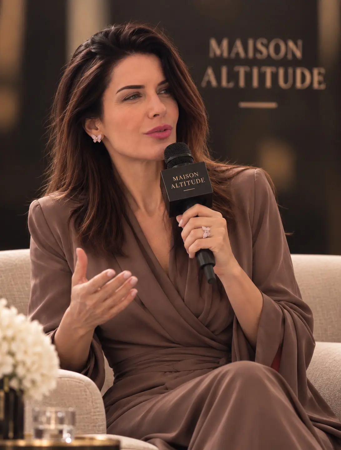 Antoinette Champclos, founder of Maison Altitude, speaking with a microphone