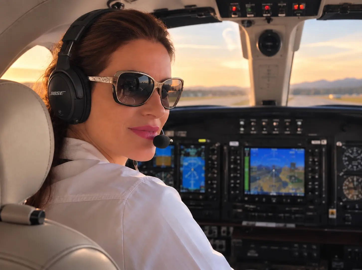 Antoinette Champclos, pilot, in an aircraft cockpit